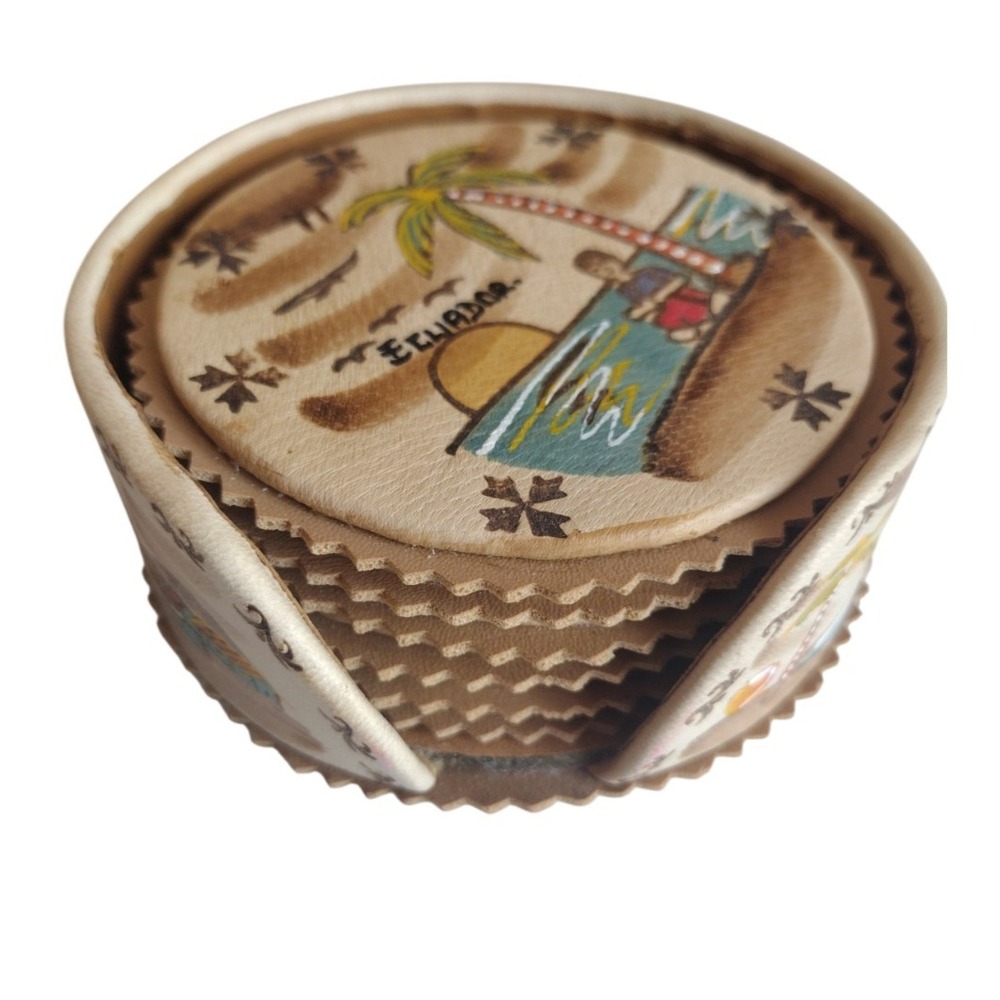 VTG 5 Ecuador Hand‎ Painted Leather Decorative Beverage Coasters w-Holder 3.5"